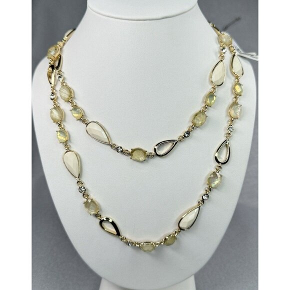 Anne Klein Necklace Gold Tone Faceted Cream Teardrop Beads Foil Backed Cabochons - Picture 2 of 14